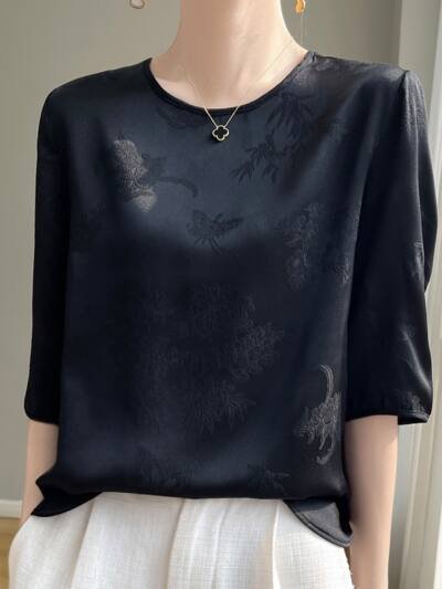 O-neck Short Dark Jacquard Plus Size Short Sleeve All-matching