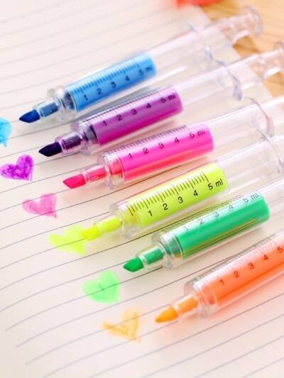 6 Syringe Fluorescent Highlighter Pens