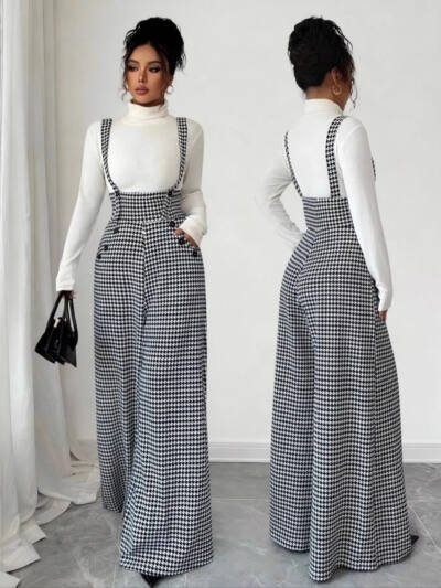 New European And American-style Elegant Houndstooth Buttoned Wide-leg Overalls For Women