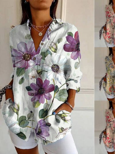 Womens Floral And Green Leaf-print Long-sleeve Blouse
