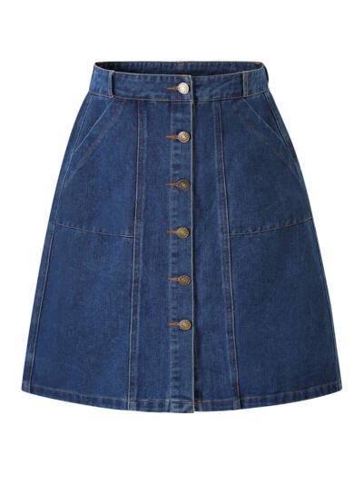 Solid-color Single-breasted Denim Skirt With Pockets