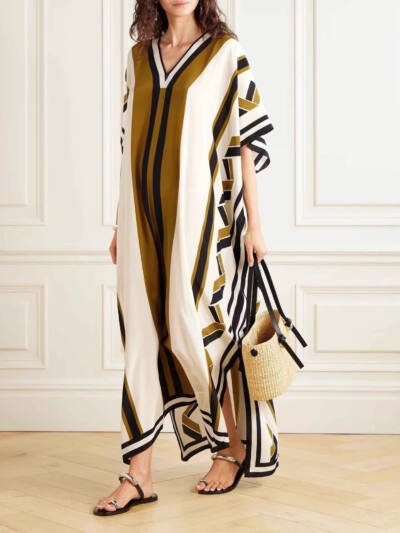 Striped Printed Lace-Up Maxi Dress