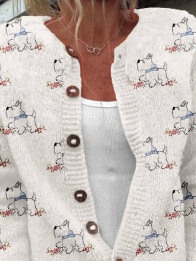 Womens 3D-printed Crew-neck Cardigan A Stylish Knit Outerwear Piece For Fall