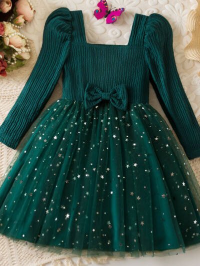 Autumn New Girls Long Sleeve Bowknot Star Sequins Mesh Princess Dress