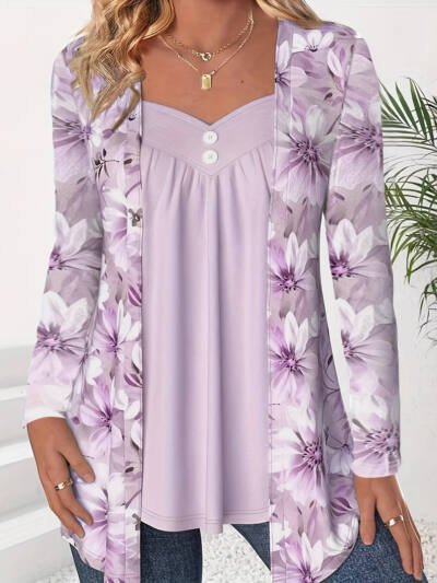 Fashionable Two-in-One Printed Long-Sleeve Top With Buttons