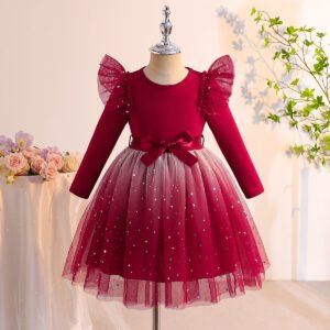 Girls Long-sleeve Gradient Multicolor Tulle Dress With A Waist Belt