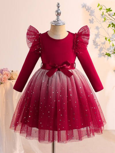 Girls Long-sleeve Gradient Multicolor Tulle Dress With A Waist Belt