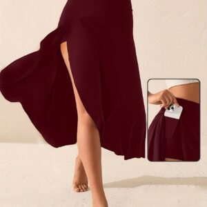 Womens Solid-Color High-Waisted Side-Slit Skirt
