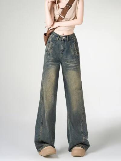 Womens American-style High-street Design Wide-leg Denim Jeans