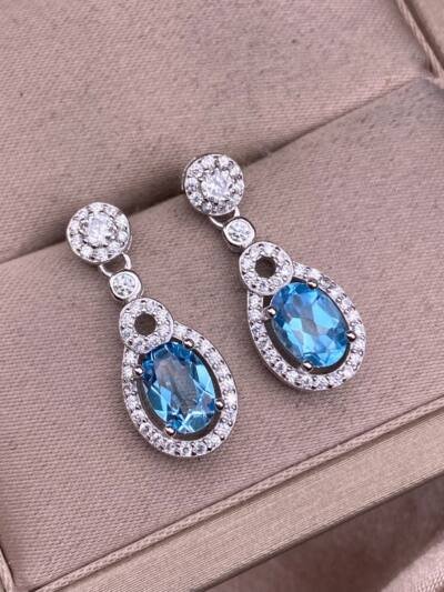 Blue Topaz Earrings S925 Silver Set With Full Diamonds