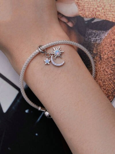 Sterling Silver S925 Sun Moon Star Pendant Bracelet