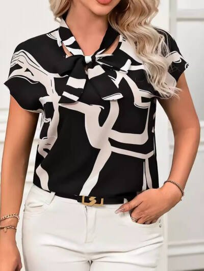 Women's Shirt Printed Lace-up Top Fashionable All-match