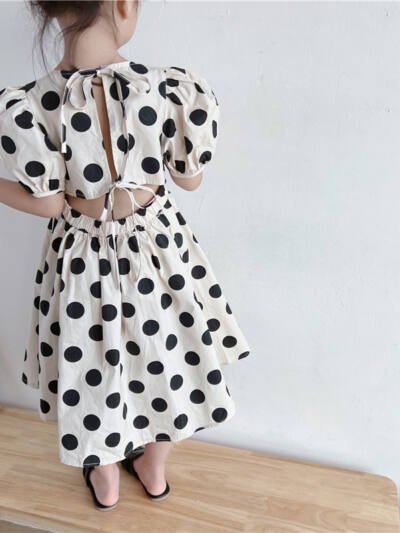 Girls' Skirt Polka-dot Self-tie Waist-baring Dress