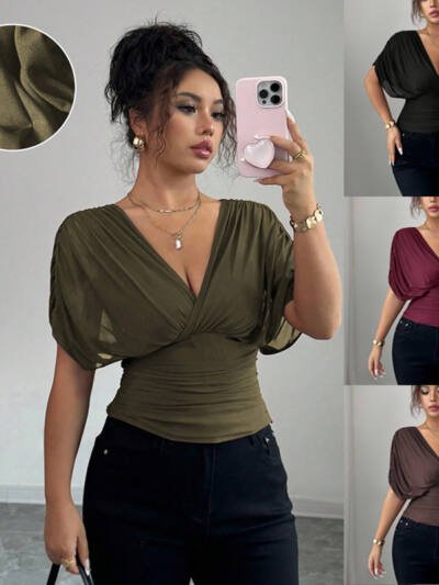 Solid-color Deep V-neck Short-sleeve Waist-cinching Top For Women