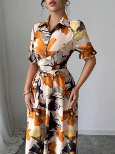 Womens Blouse-collar Puff-sleeve Cross-tie Waist Printed Dress