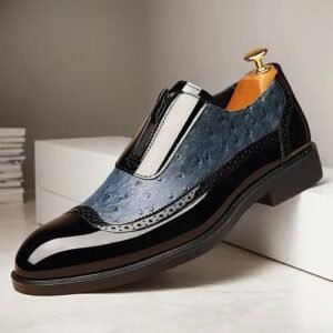 Ostrich Grain Embossed Zipper Pointed Plus Size Bright Leather Chelsea Men's Shoes