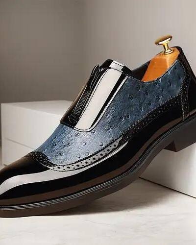 Ostrich Grain Embossed Zipper Pointed Plus Size Bright Leather Chelsea Men's Shoes