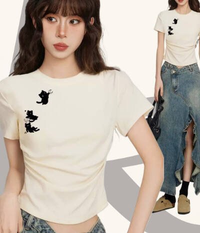 White Cat Round Neck Shoulder Short Sleeve