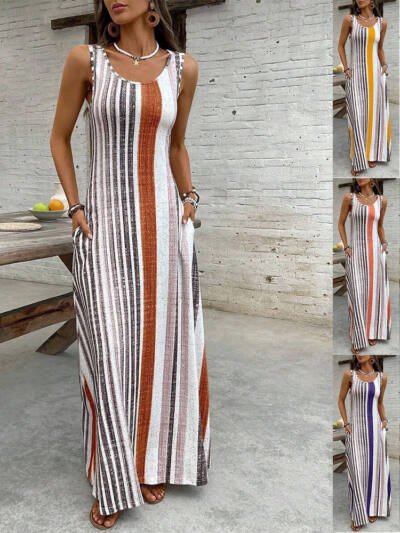 Womens European And American-style Striped Sleeveless Long Dress