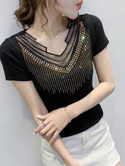 Mesh V-neck Patchwork T-shirt Women's Short Sleeve