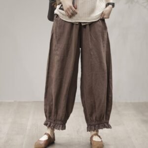 Womens Coffee-Colored Artistic And Fashionable Patchwork Linen Carrot Pants