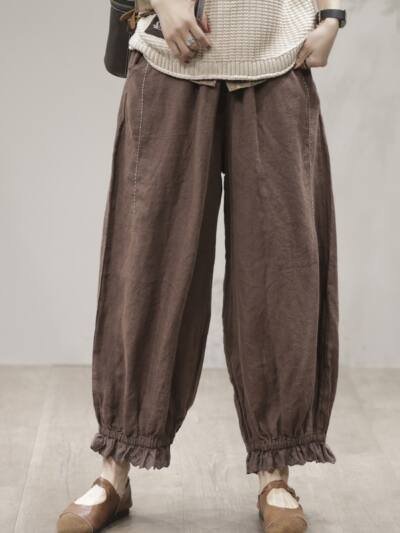 Womens Coffee-Colored Artistic And Fashionable Patchwork Linen Carrot Pants