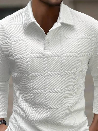 Mens Solid-Color Lapel Front-Button Long-Sleeve Polo Shirt
