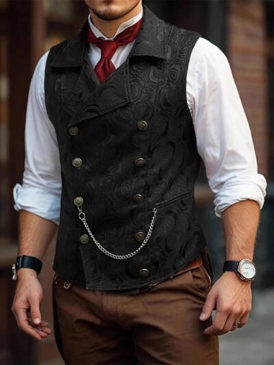 Mens Double-Breasted Chain-Attached Suit Vest
