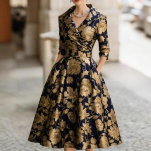 Elegant Womens V-Neck Long-Sleeve Dress With A Floral Creative Retro 3D Digital Print