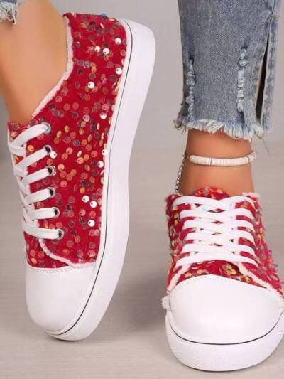 Fashion Round Toe Flat Bottom Lace-up Sequins Casual Pumps
