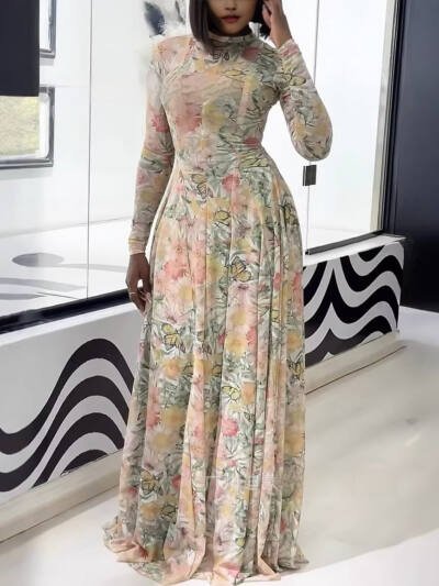 Womens Clothing Figure-hugging Slimming A-line Skirt With A High Neck And Long Dress