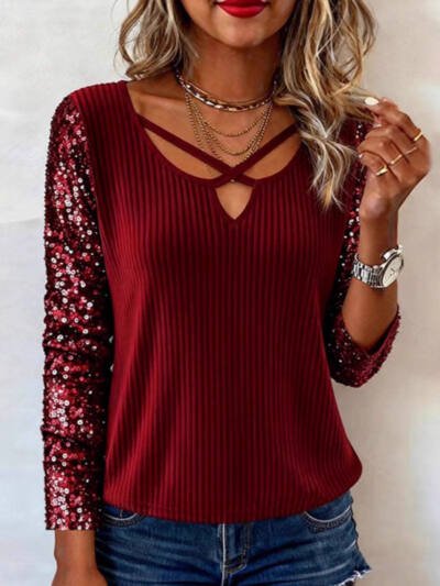 Womens Fashion Sequin V Neck Long Sleeve Top