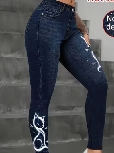 Women's High-Elastic Imitation Denim Leggings With Realistic Denim Print