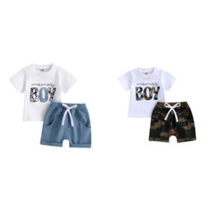 Mens Camo Solid-Color Shorts With Letter Print And Short Sleeves