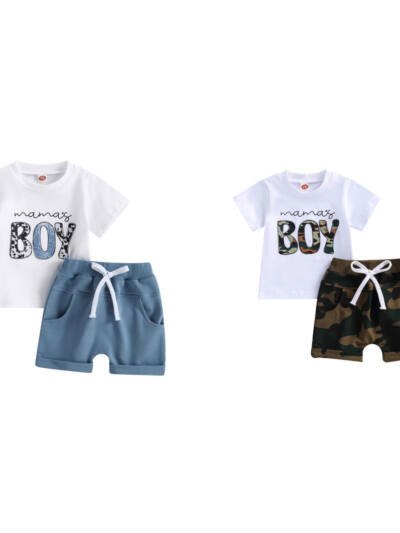 Mens Camo Solid-Color Shorts With Letter Print And Short Sleeves