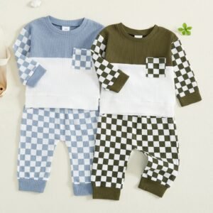 Boys Waffle-Weave Colorblock Plaid Long-Sleeve Pants Set