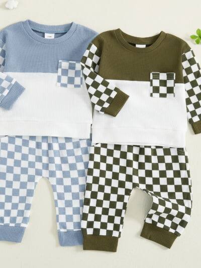 Boys Waffle-Weave Colorblock Plaid Long-Sleeve Pants Set