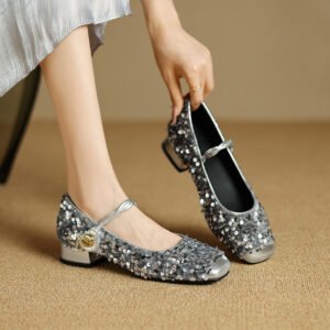 Womens Sequined Peep-toe Low-heel Mary Jane Shoes