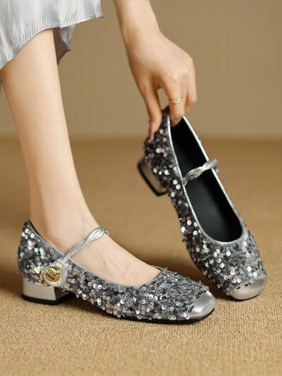 Womens Sequined Peep-toe Low-heel Mary Jane Shoes