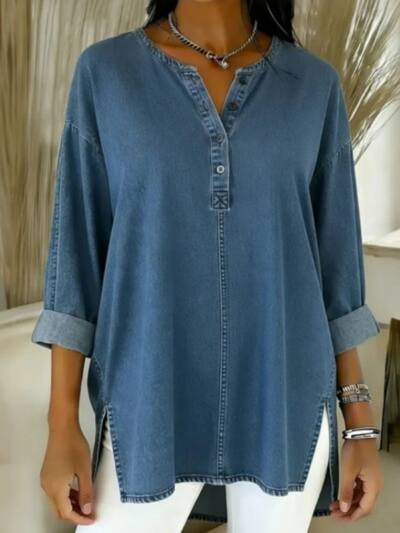 Washed Denim Irregular Long Sleeved Women's Shirt