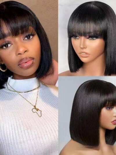 Hair Wig BOb With Bangs Realistic Look Lace Split Top Black Bobhaircut