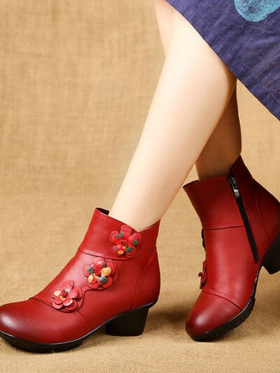 Ethnic Style Leather Mid Heel Short Boots