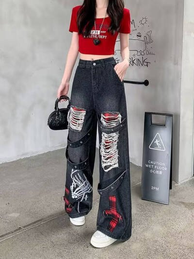 Womens Vintage Washed Distressed Ripped Jeans