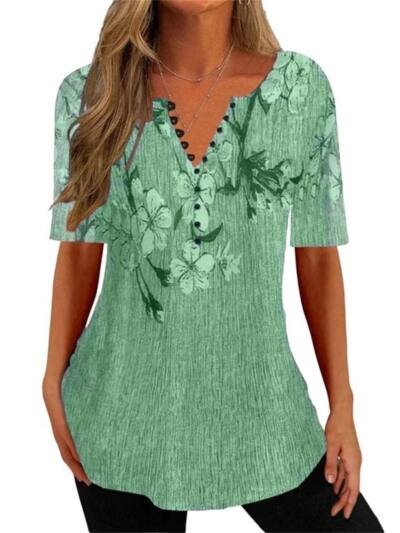 Women's Digital Printed V-neck Button Short-sleeved Top
