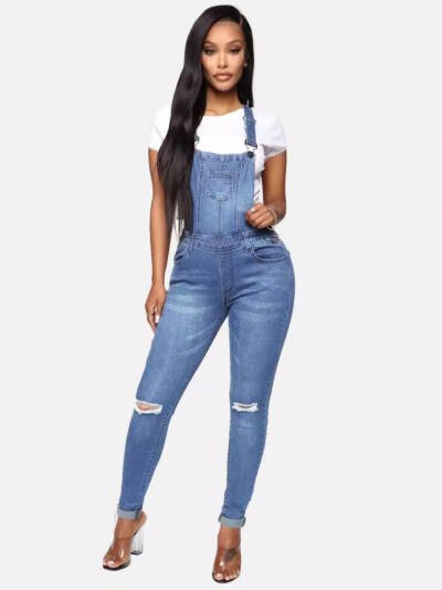 Womens Ripped Washed Denim Overalls