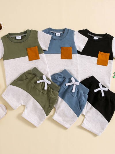 Color-block Crew Neck Short Sleeve Suit