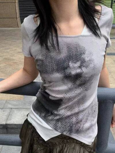 Stitching Fake Two-piece Personality Portrait Printing Short Sleeve