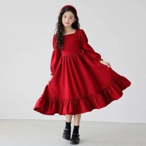 Girl's Long Sleeve Solid Color Square Neck Simple Dress
