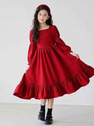 Girl's Long Sleeve Solid Color Square Neck Simple Dress