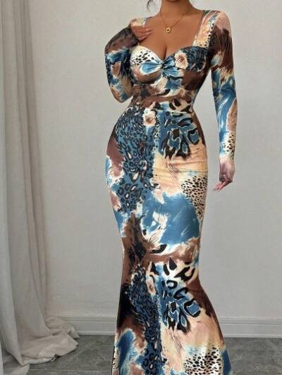 Long-sleeved Printed Dress With A Tie-front Design At The Chest